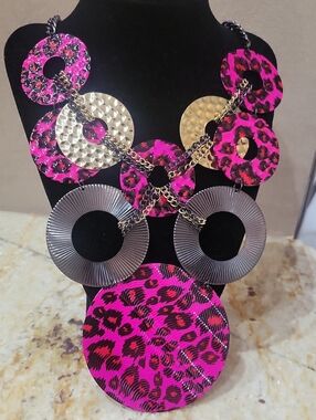 Vibrant Pink Leopard Multi-Disc Statement Necklace